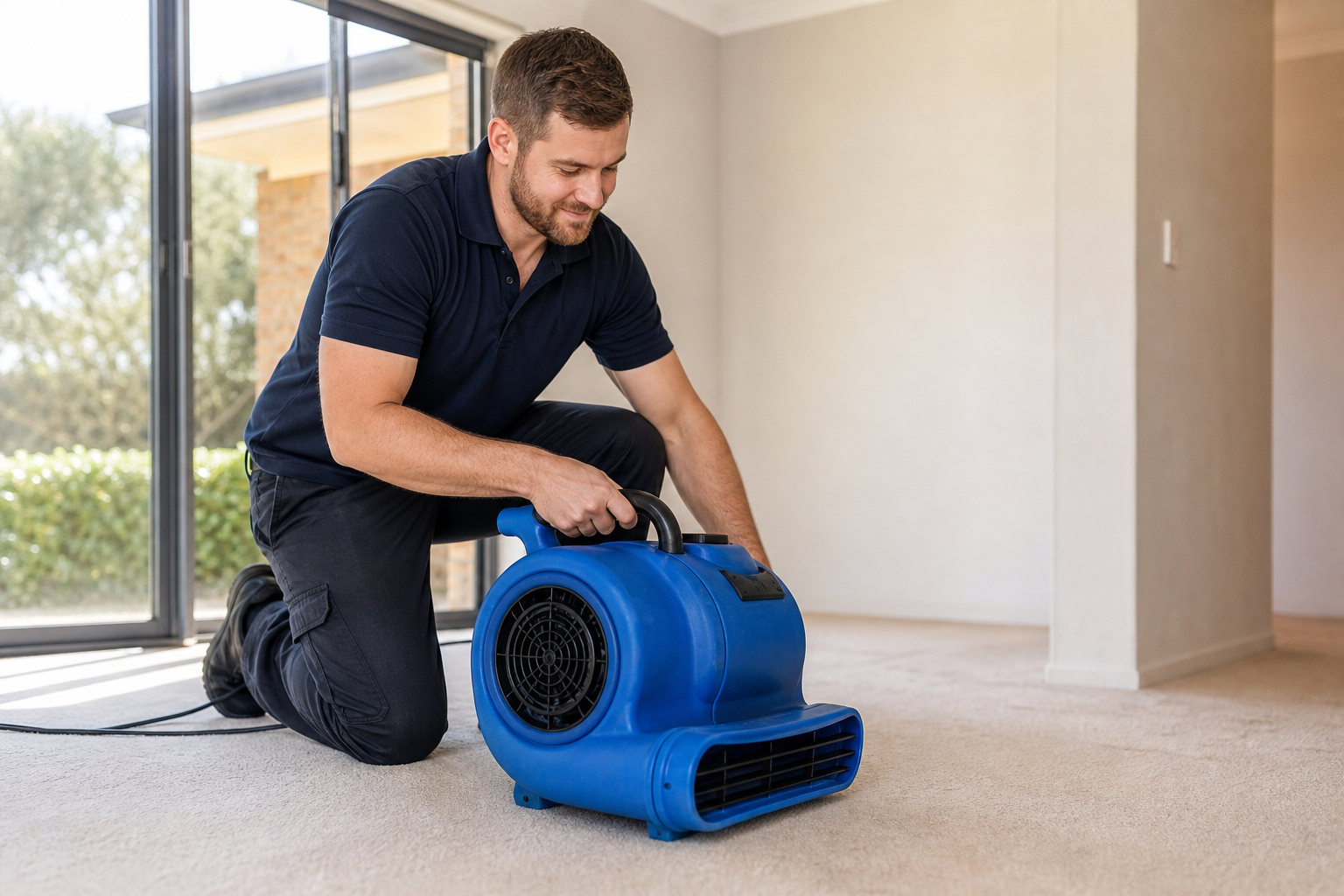 Carpet steam cleaning specialist working in a Perth living room